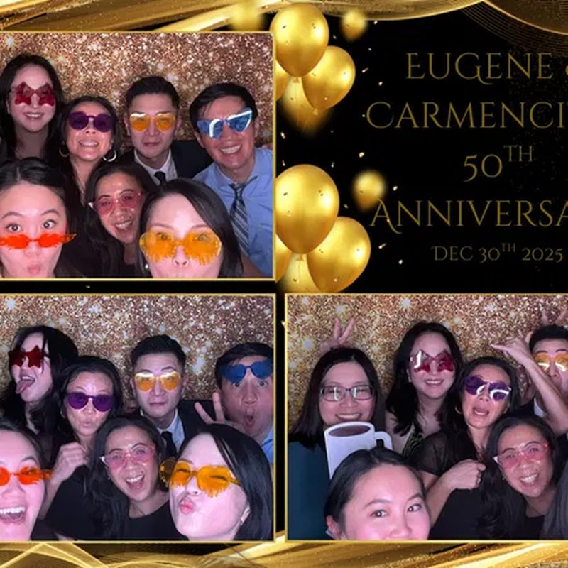 Group with sunglasses at anniversary party photo booth